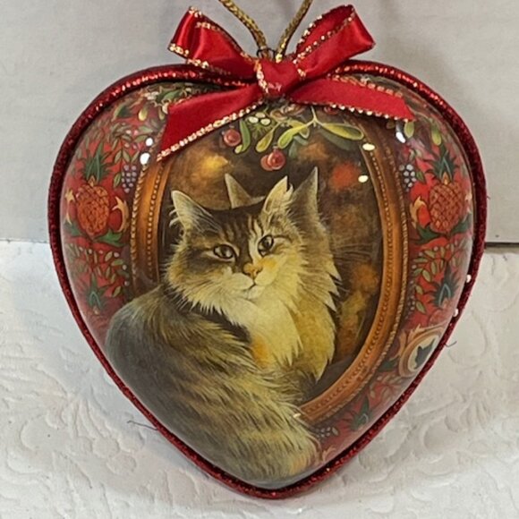 VTG Heart w/Tabby Cat in Mirror Double Sided Christmas Tree Ornament 3.75" - Picture 2 of 8